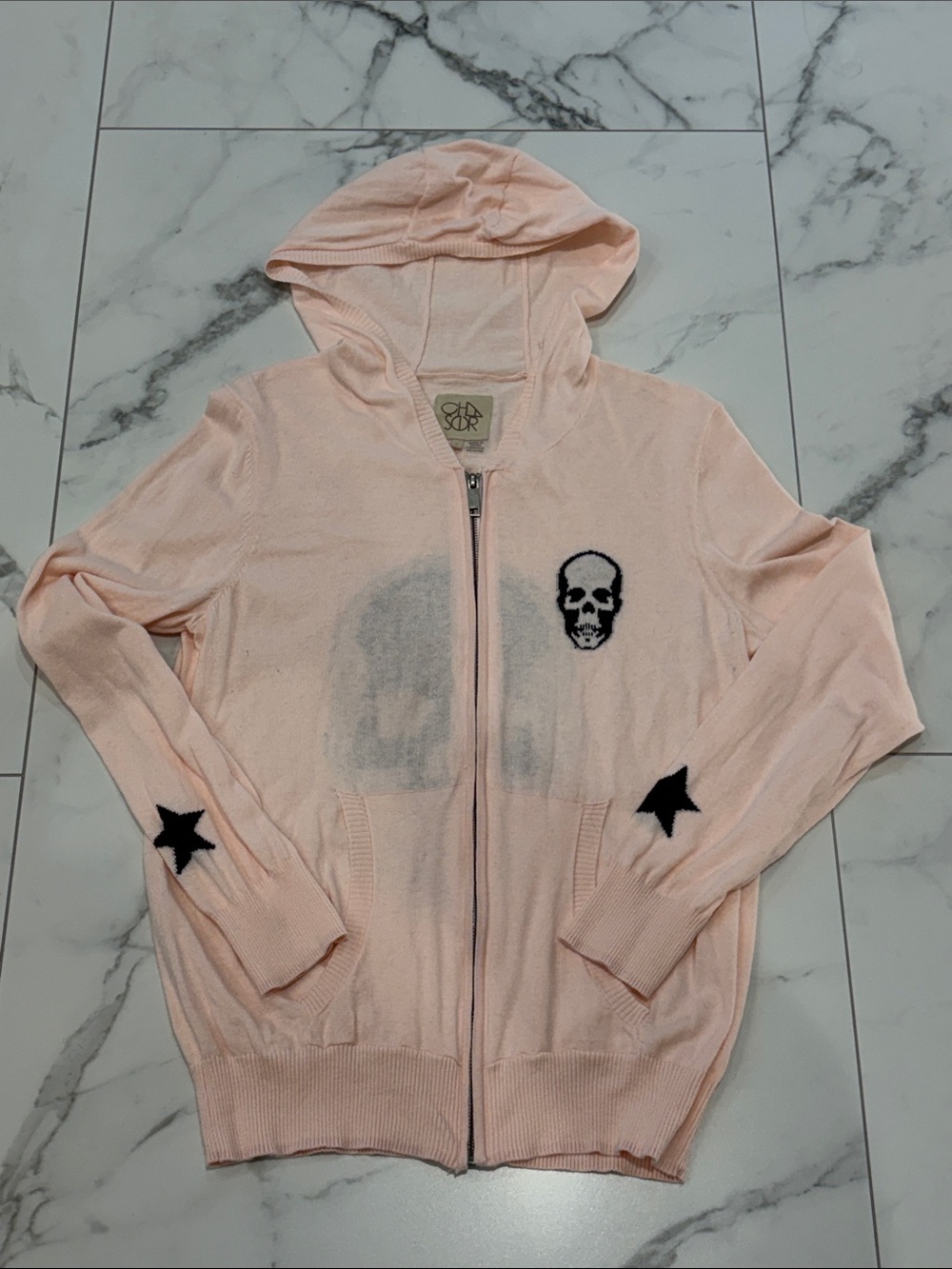 Chaser Pale Pink Zip Hoodie with Black Skull & Star Details